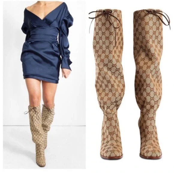 GUCCI Lisa GG Canvas Mid-Heel Boots - Picture 4 of 11